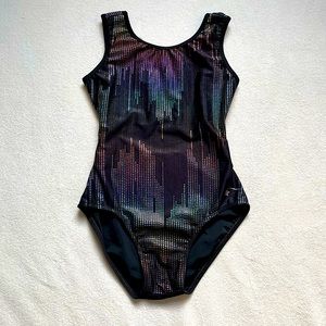 Rainbow tech black gymnastics leotard